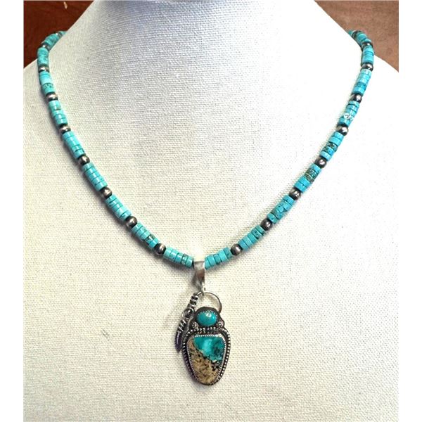 MARK & CAROL LITTLE: Sterling Silver and Turquoise Necklace with Pendant