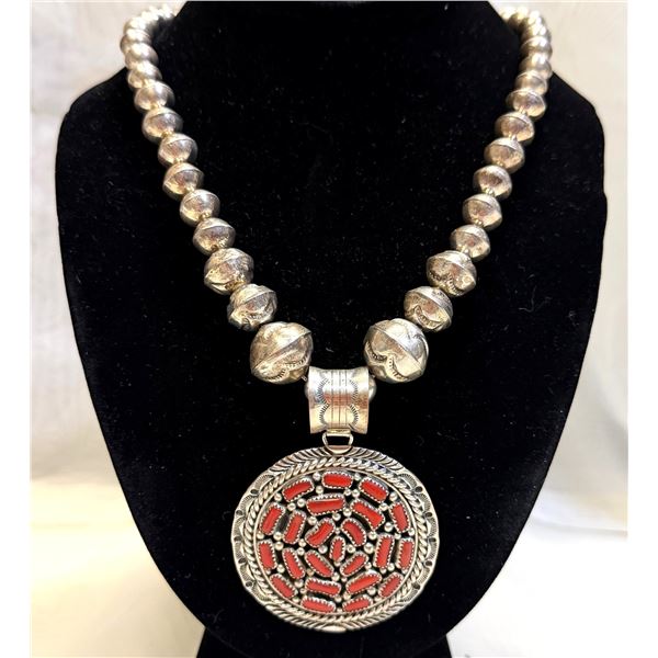 EDA ROSE: Navajo Red Coral and Sterling Silver Pendant Necklace