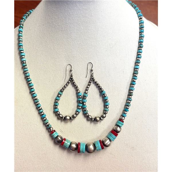 MARK & CAROL LITTLE: Sterling Silver, Red Coral & Turquoise Heishi Bead Necklace and Earrings
