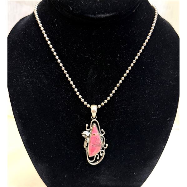EDA ROSE: Teardrop Shaped Pink Rhodonite and Sterling Silver Flower Necklace