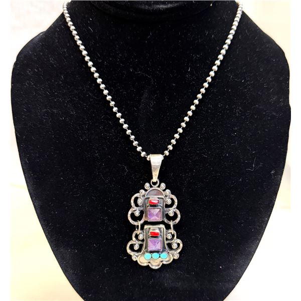 EDA ROSE: Vintage Mexican Silver Pendant Necklace with Mixed Stones