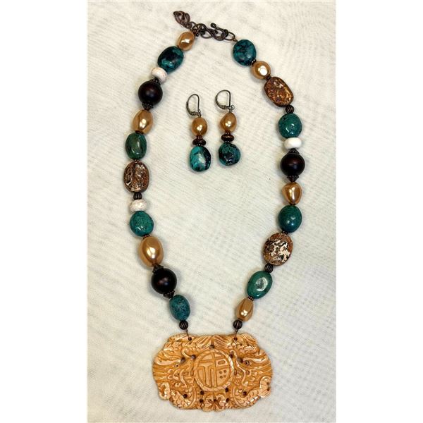 EDA ROSE: Carved Bone Pendant and Beaded Necklace with Matching Earrings