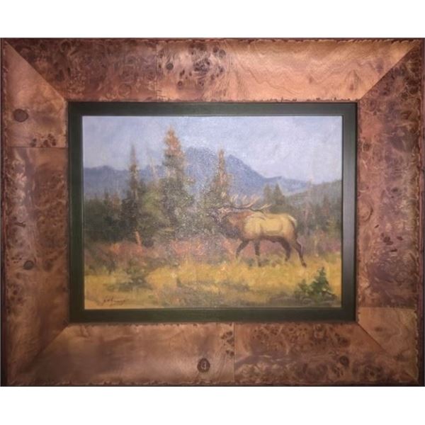 JENNIFER REFFALT: Framed Original Oil on Canvas Depicting Bull Elk by Sam Thiewes