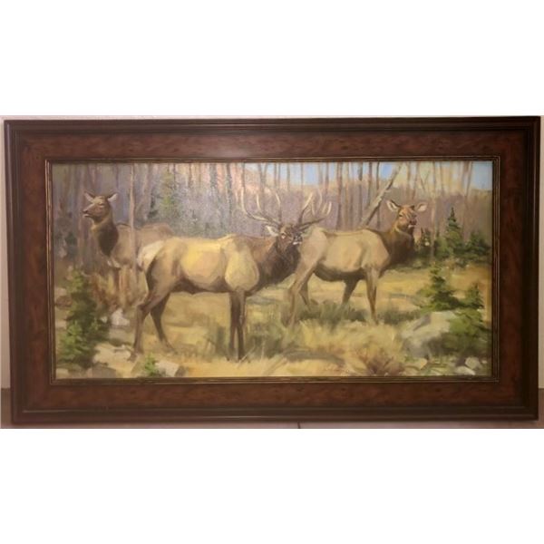 JENNIFER REFFALT: Framed Original Oil on Canvas Depicting Bull & Cow Elk by Sam Thiewes