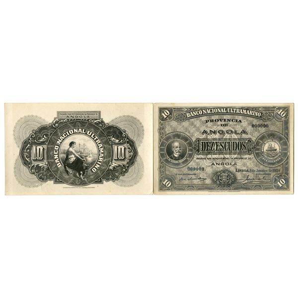 Angola. Banco Nacional Ultramarino - Provincia de Angola, 1924, Obverse and Reverse Photo Proofs.