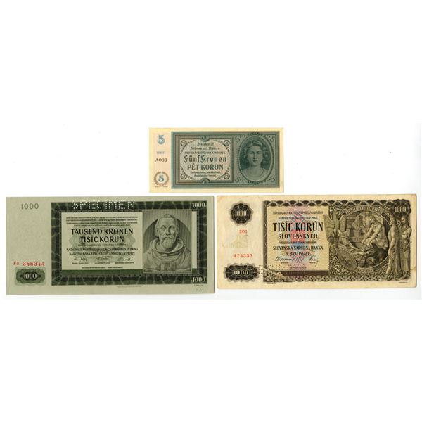 Bohemia & Moravia and Slovakia, ND (1940) to 1942, Banknote Trio.