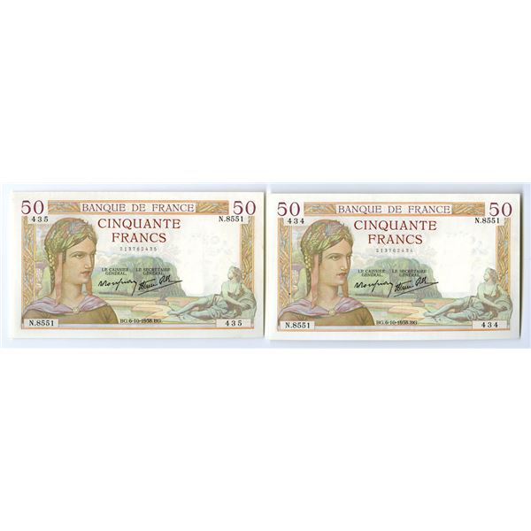 France. Banque de France, 1938, Sequential Issued Banknote Pair.