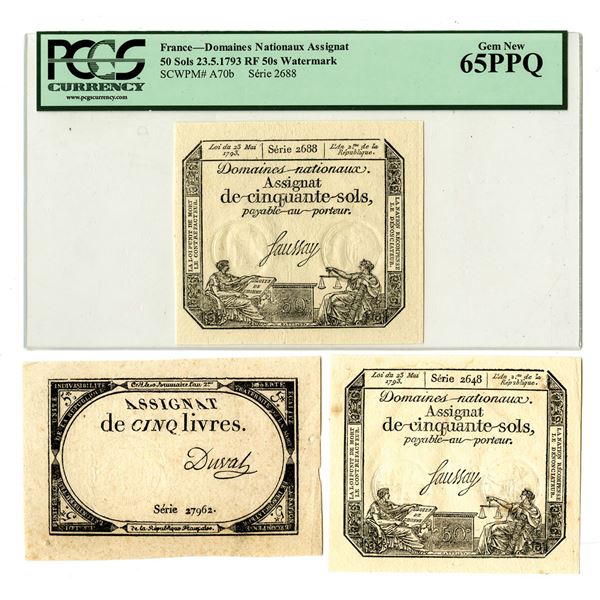 France. Domaines Nationaux, Assignat, 1793, Issued Banknotes Trio