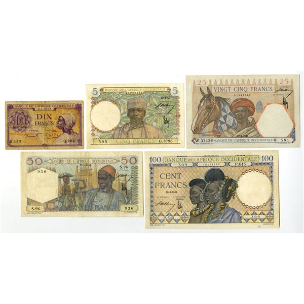 French West Africa. Banque de l'Afrique Occidentale, 1941 to 1944, Issued Banknote Assortment.