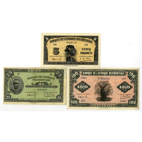 French West Africa. Banque de l'Afrique Occidentale, 1942, Issued Banknote Trio.