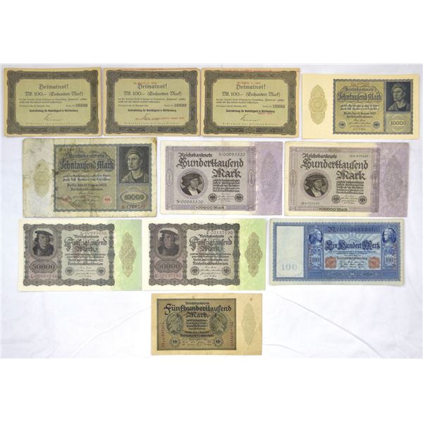 German Assortment of Issued Banknotes, 1910 to 1923.