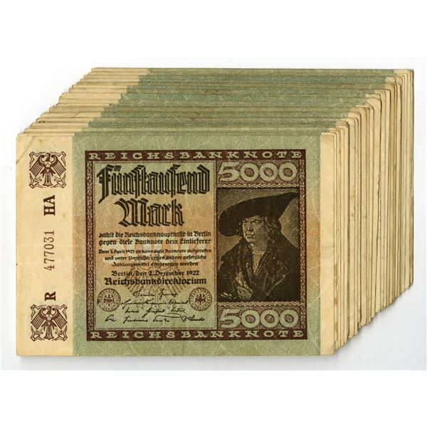 Germany. Weimar Republic Reichsbanknote, 1922, 5000 Mark, P-81 lot of 38 Issued Banknotes