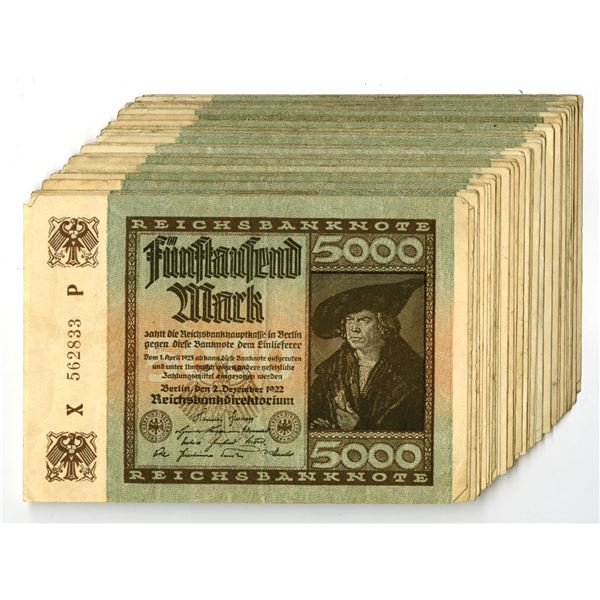 Germany. Weimar Republic Reichsbanknote, 1922, 5000 Mark, P-81 lot of 41 Issued Banknotes