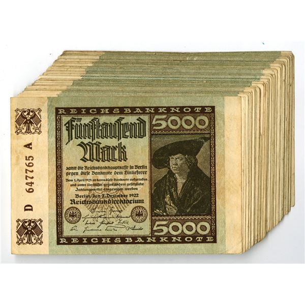 Germany. Weimar Republic Reichsbanknote, 1922, 5000 Mark, P-81 lot of 50 Issued Banknotes