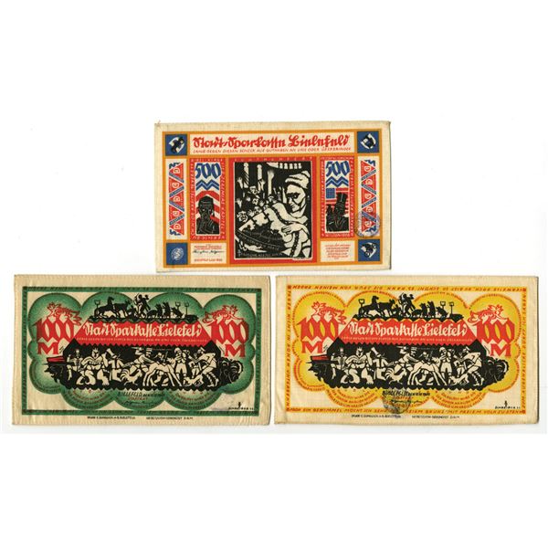 German. City of Bielefeld, 1922, Linen and Silk Notgeld Trio.