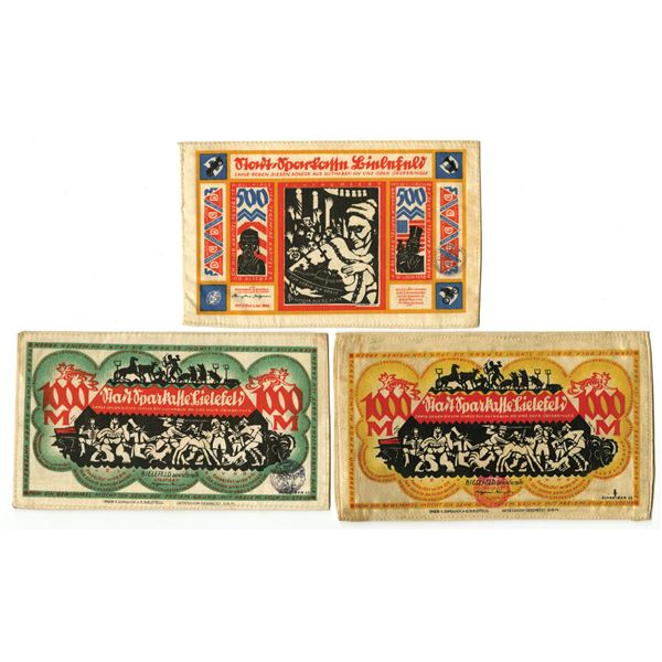 German. City of Bielefeld, 1922, Linen and Silk Notgeld Trio.