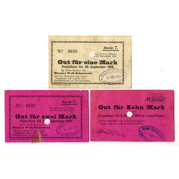 Germany. Bremer Woll-Kämmerei, 1914, I/C Notgeld Banknote Trio.