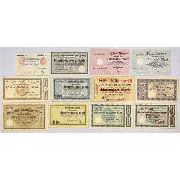 Germany. Group of 12 Issued Notgeld Banknotes from Worms, 1923