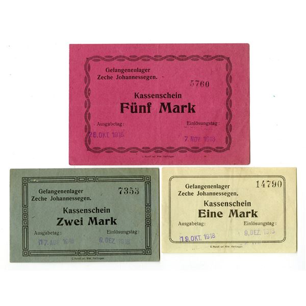 Germany. Zeche Johannessegen Prisoner Camp, 1918, World War I Issued Notgeld Banknote Trio.