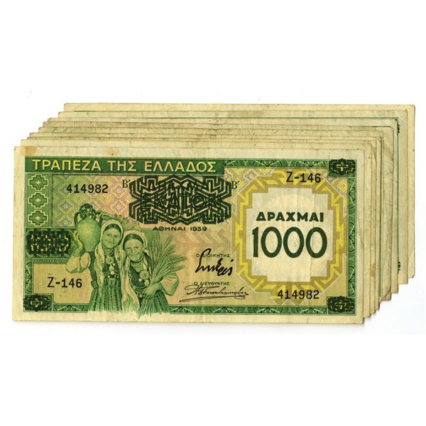 Greece. Bank of Greece, 1939, 1000 Drachmai on 100 Drachmai, P-111a, Issued Lot of 9 Notes.