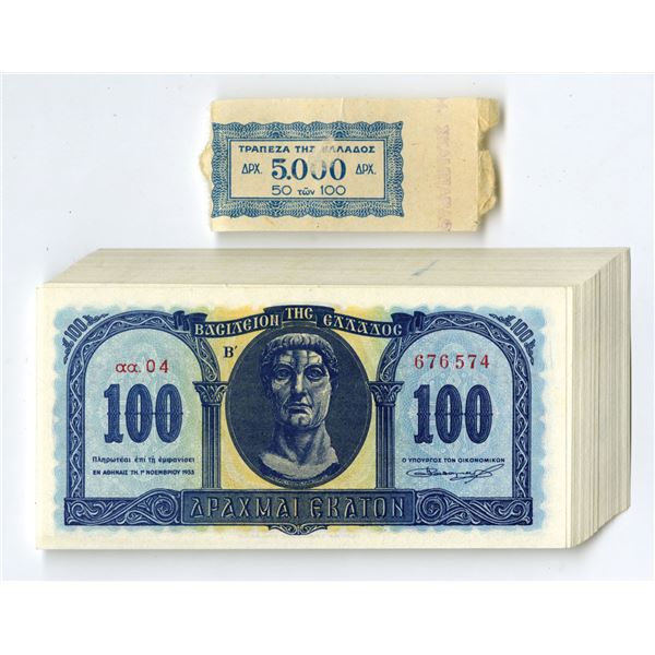 Greece. Kingdom of Greece, 1953, 100 Drachmai, P-324b High Grade Issued Banknote Half Pack of 50 Not