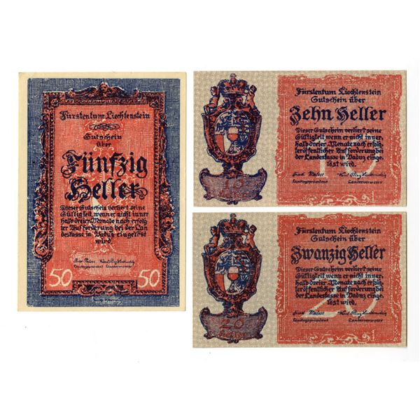 Duchy of Liechtenstein Credit Notes, 1920 Issued Banknote Trio