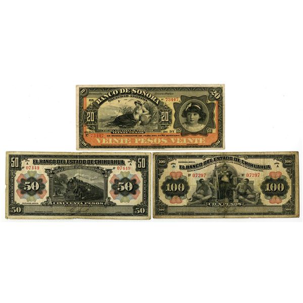 Mexico. Banco del Estado de Chihuahua & Banco de Sonora, ND (1897-1911) to D.1913, Banknote Trio.