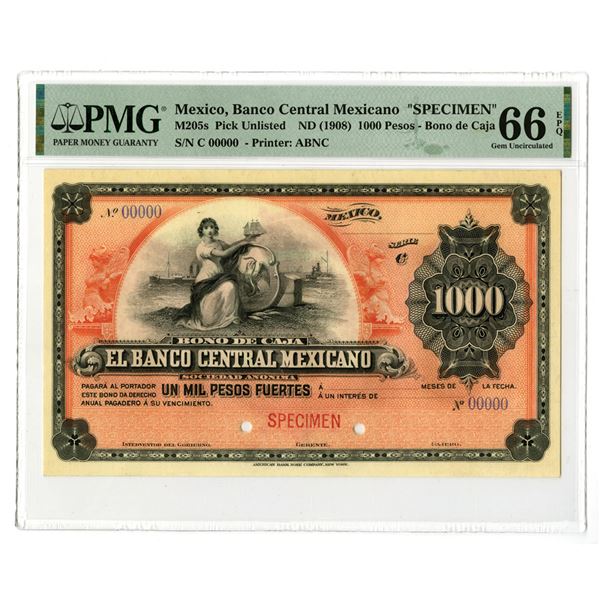 Mexico. "Bono de Caja" Banco Central Mexicano, ND (1900-10), 1000 Pesos Specimen Banknote.