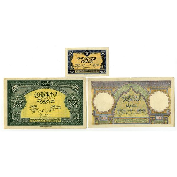 Morocco. State Bank of Morocco, 1944 to 1945, Issued Banknote Trio.