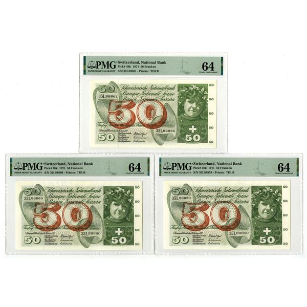 Switzerland, Banque Nationale Suisse, 1971, Sequential Issued Banknote Trio.