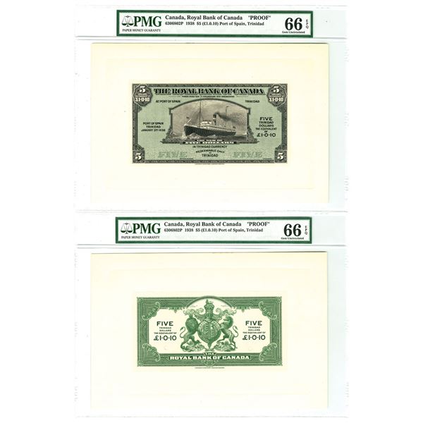 Trinidad & Tobago. Royal Bank of Canada, 1938, Proof Front and Back Banknotes