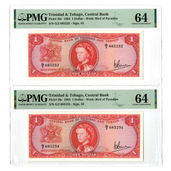 Trinidad & Tobago. Central Bank of Trinidad and Tobago, 1964, Sequential Issued Banknote Pair.