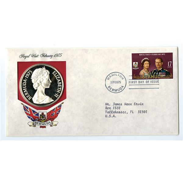 Bermuda. Royal Visit Commemorative Medal, 1975, First Day Cover with $25 Sterling Silver Proof Coin.