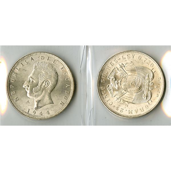 Ecuador. 5 Sucres, 1944, .720  Silver Uncirculated Coin Pair.