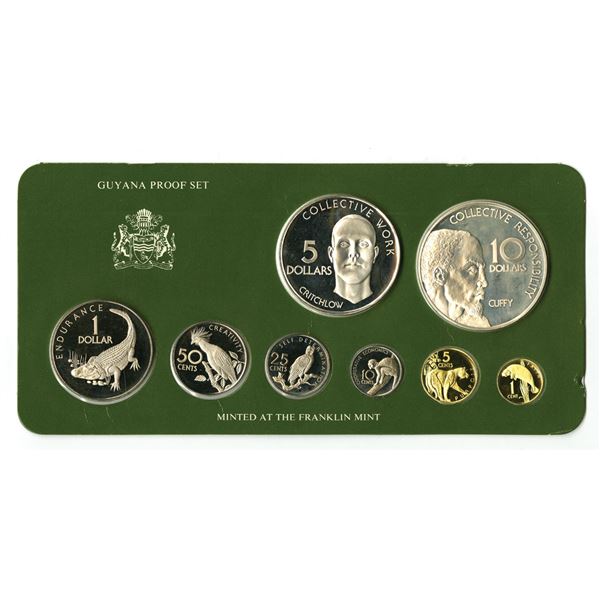 Guyana. Guyana Proof Set by the Franklin Mint, 1976, Eight Coin Proof Set $10 Sterling Silver and $5