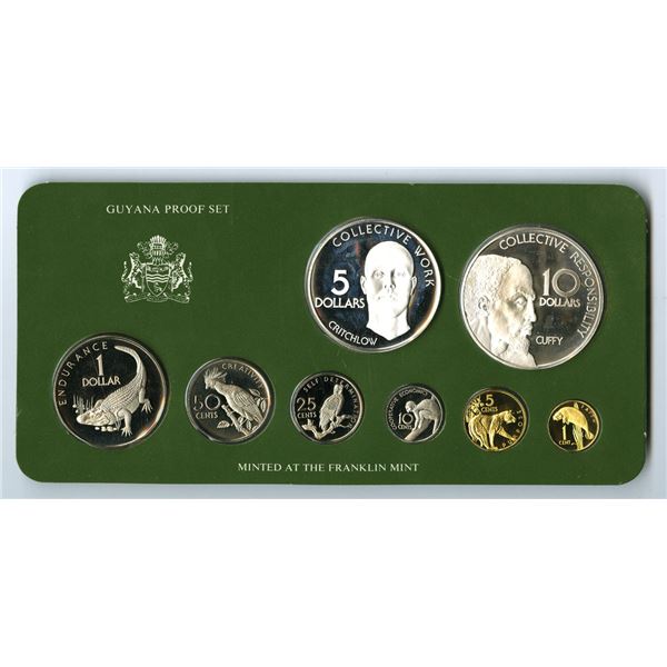 Guyana. Guyana Proof Set by the Franklin Mint, 1977, Eight Coin Proof Set $10 Sterling Silver and $5