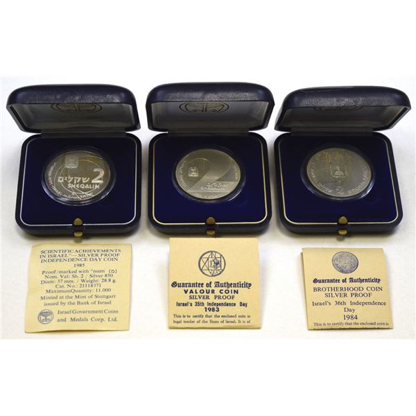 Israel. Independence Day, 0.850 Finess Silver Proof Coin Trio, 1983 to 1985, Original Cases with Cer