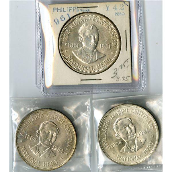 Philippines. Mabini and Rizal Silver Commemorative Coins, 1961 to 1863, Issued Trio.