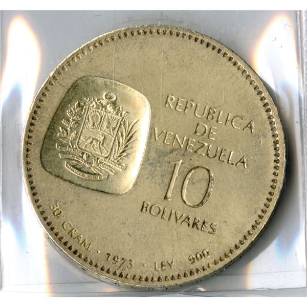 Venezuela. 10 Bolívares “Simón Bolívar Centennial” Coin, 1973, .900 Fine Silver Co