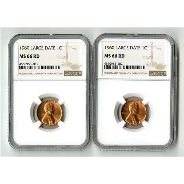 U.S., 1 Cent Lincoln, 1960 Large Date NGC MS66 Red Uncirculated Pair