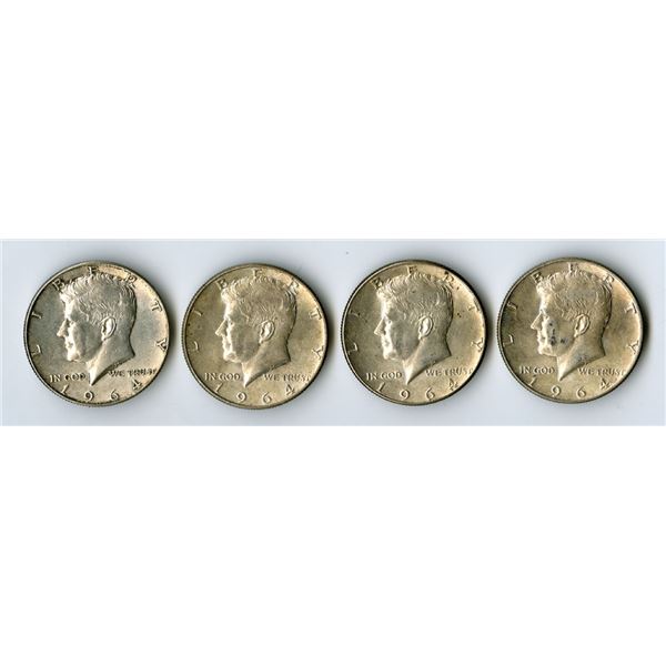 U.S., Kennedy Silver Half Dollars, 1964, 90% Quartet.
