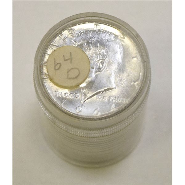 U.S., Kennedy Half Dollar, 1964-D, Uncirculated 90% Silver Coin Roll of 21 Coins