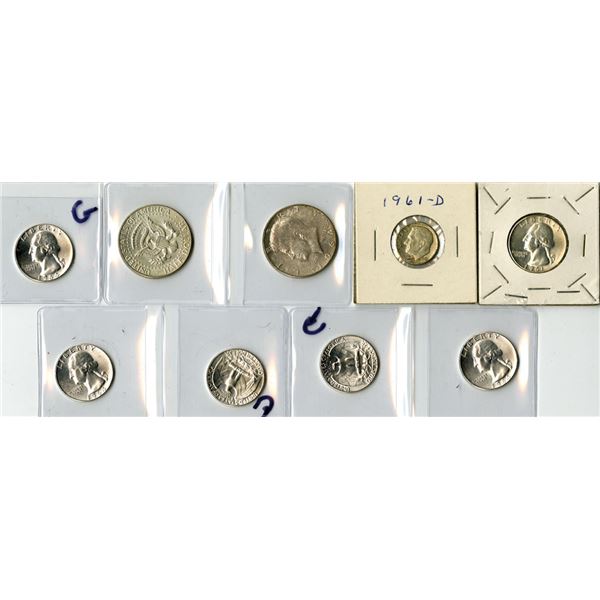 U.S., Silver Coin Assortment, 1961 to 1964, Dimes, Quarters, and Half Dollars with a Face Value of $