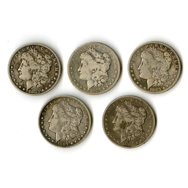 U.S., Morgan Silver Dollars, 1883 to 1897,Circulated Lot of 5 Dollars