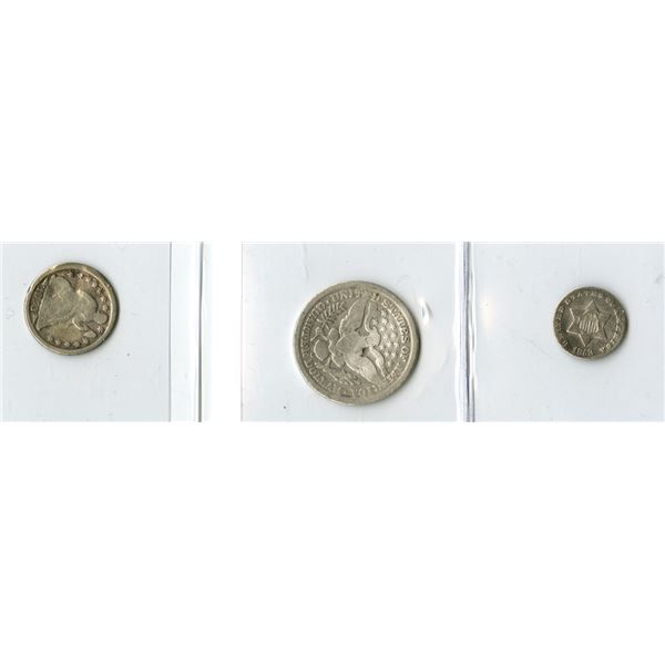 U.S., Silver Type Coin Trio, 1853, 3 Cent Silver, 1853 Dime and  to 1899-O Barber Quarter.