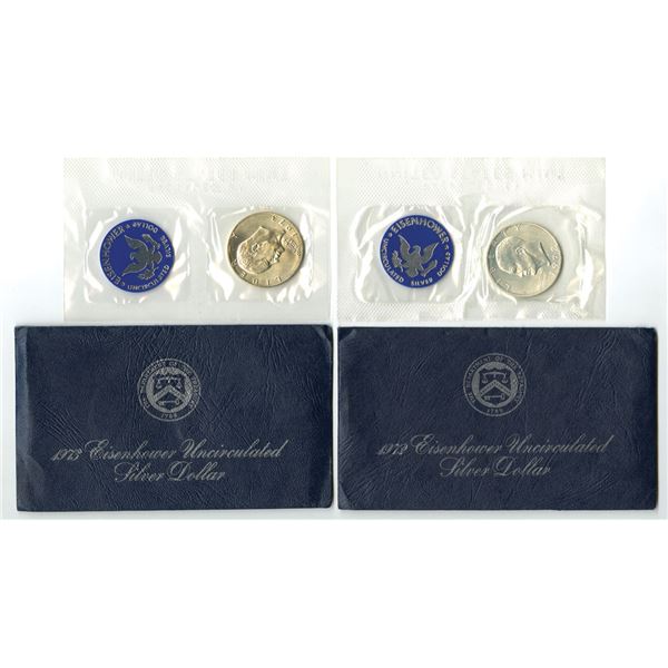 U.S., Eisenhower 1972 and 1973 Blue Pack Uncirculated Silver Dollar Duo