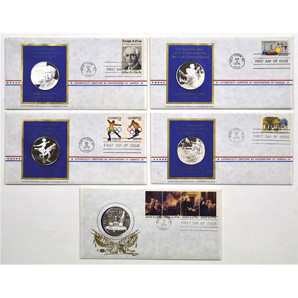 U.S., Sterling Silver Proof Commemorative Medal First Day Cover Medal Quintet, 1976 to 1977