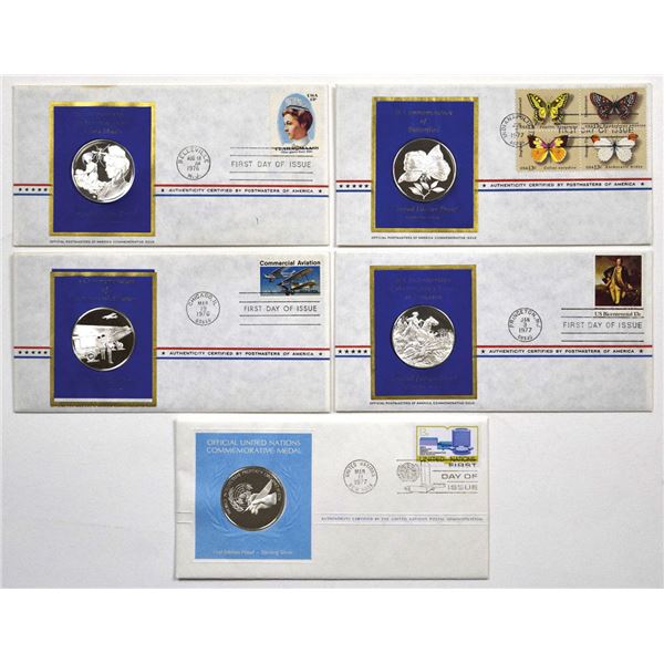 United Nations Sterling Silver Proof Commemorative Medal First Day Cover Assortment, 1976 to 1977
