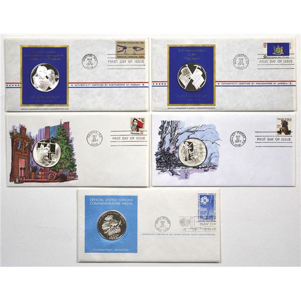 United Nations Sterling Silver Proof Commemorative Medal First Day Cover Medal Quintet, 1976 to 1977