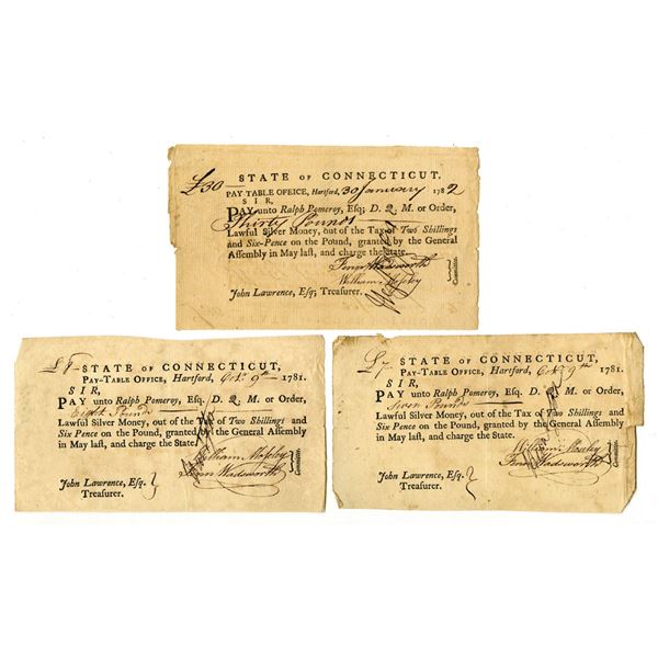CT. Connecticut Pay-Table Office, 1781 to 1782, Tax Warrant Trio.